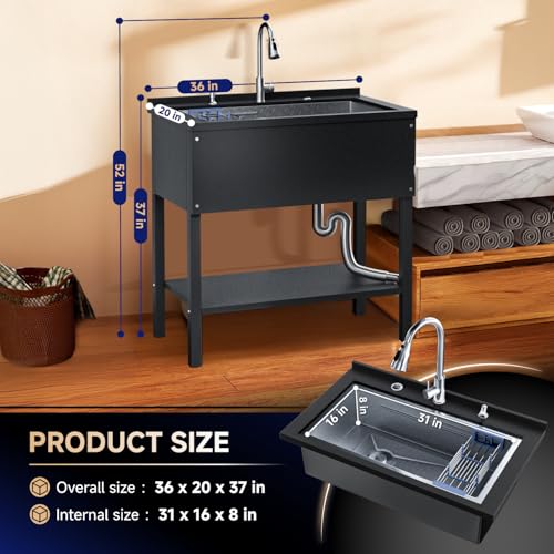 Stainless Steel Utility Sink 36" Freestanding with Pull Out Faucet, Black Y959806