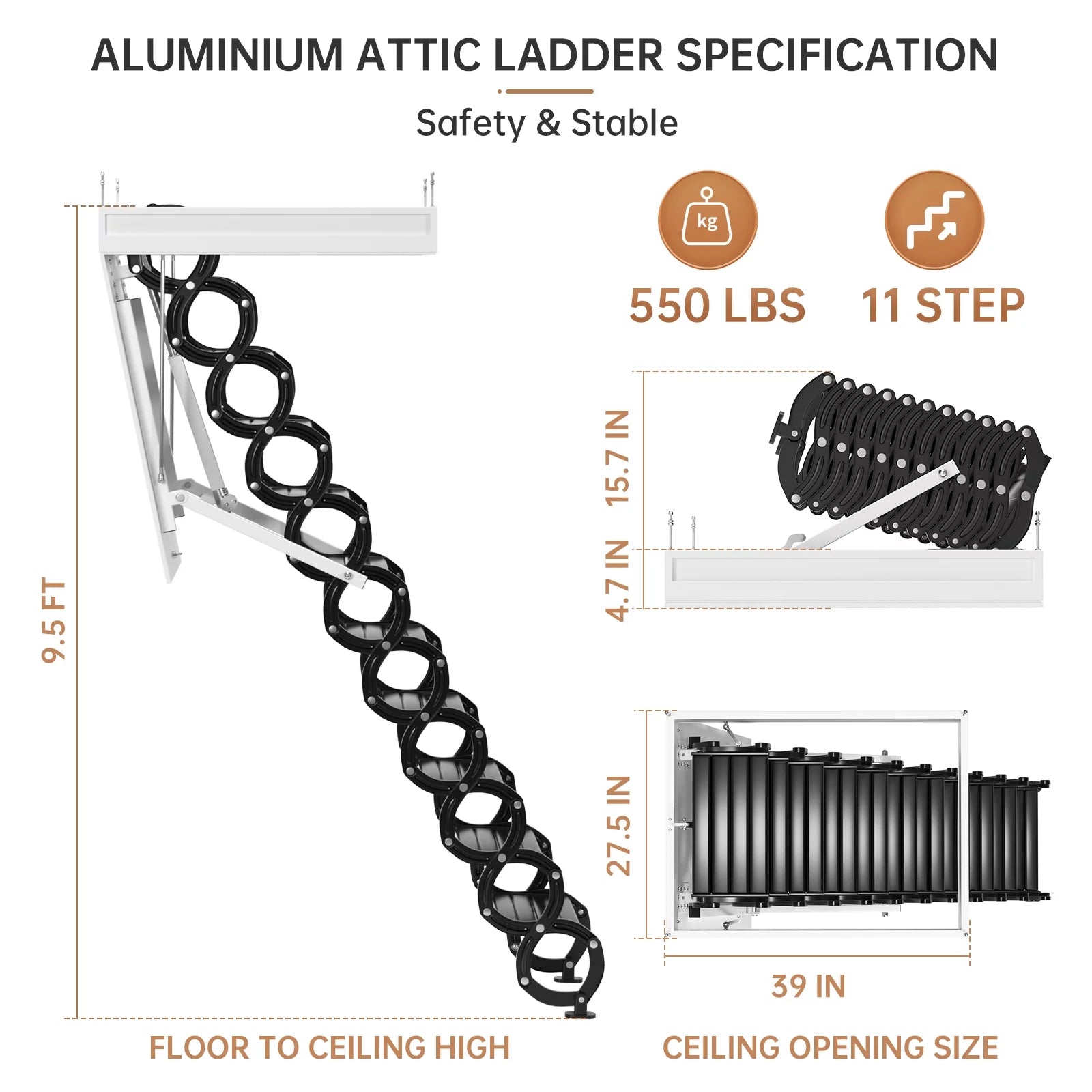 TOPTENG 11 Steps Electric Ceiling Ladder Aluminum Folding Attic Stairs with Remote B757