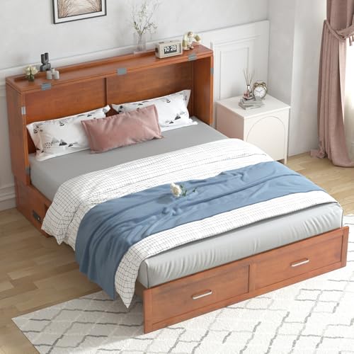PUREMIND Queen Murphy Bed Cabinet with 2 Storage Drawers and USB Charging Station R5817