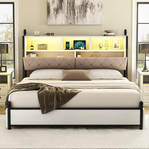 AMERLIFE Full Size Bed Frame with Bookcase Headboard, Charging Station, Rustic Brown H544