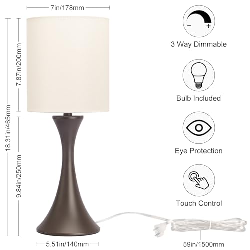 Dimmable Bedside Lamp with Touch Control, Beige Shade, LED Bulb Included S148