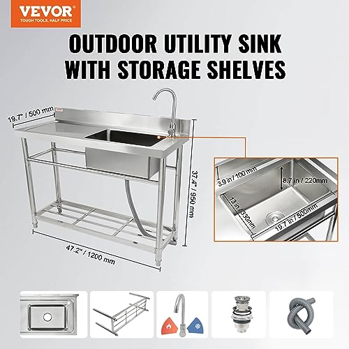 VEVOR Stainless Steel Utility Sink with Workbench Faucet and Legs, 39.4 x 19.1 x 37.4 in L559