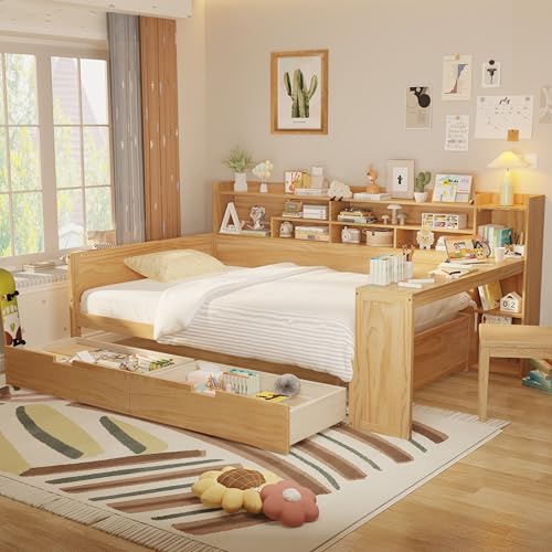 Bellemave Twin Corner Bed Frame with Storage Shelves and Desk, Gray L74206