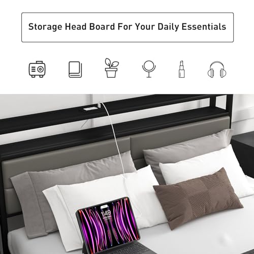 Bonzy Home Full Size Bed Frame with Storage Drawers and USB Port, Grey S969