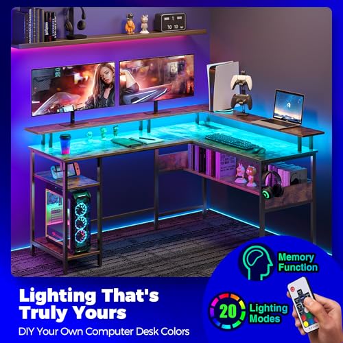 Rolanstar Computer Desk 56.7" with LED Lights and Power Outlets, Carbon Fiber Surface K1543