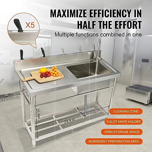 VEVOR Stainless Steel Utility Sink with Workbench Faucet and Legs, 39.4 x 19.1 x 37.4 in L559