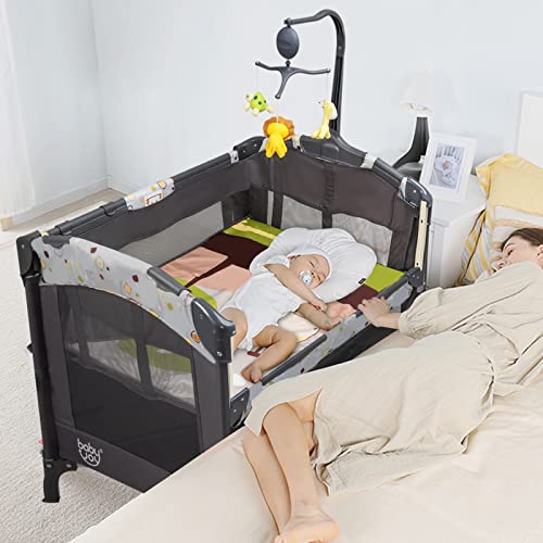 BABY JOY 4 in 1 Pack and Play, Baby Bedside Sleeper with Bassinet, 3 Adjustable Heights, Music Box, Easy to Install, Foldable Bedside Crib w/Changing Table, Playards from Newborn to Toddlers