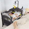 BABY JOY 4 in 1 Pack and Play, Baby Bedside Sleeper with Bassinet, 3 Adjustable Heights, Music Box, Easy to Install, Foldable Bedside Crib w/Changing Table, Playards from Newborn to Toddlers