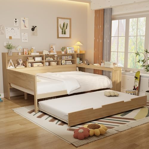 Bellemave Twin Corner Bed Frame with Storage Shelves and Desk, Gray L74206