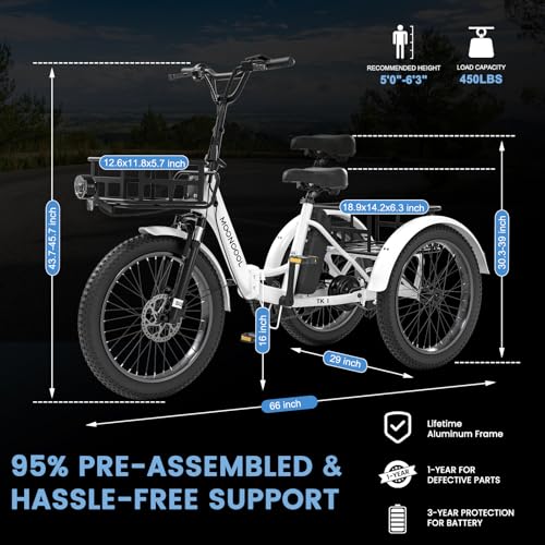 MOONCOOL Electric Tricycle for Adults, 500W 48V Folding 3-Wheel Bike with Basket O9027