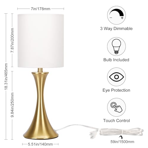 Dimmable Bedside Lamp with Touch Control, Beige Shade, LED Bulb Included S148