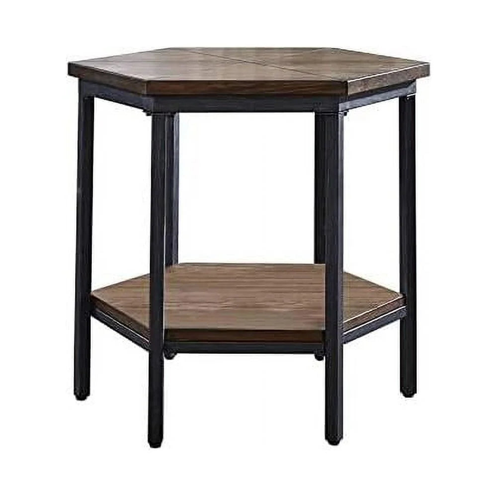 Mocha Hexagonal , Iron Base, And Unique Veneer Layup Design End Table