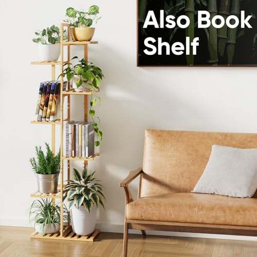 ROSSNY 48 Inch Tall 6-Tier Bamboo Plant Stand for Indoor Plants, Corner Plant Shelf, Natural W935552