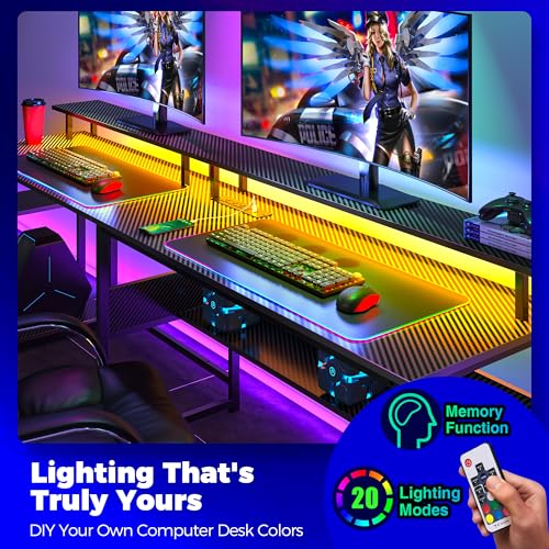 Rolanstar Computer Desk 56.7" with LED Lights and Power Outlets, Carbon Fiber Surface K1543