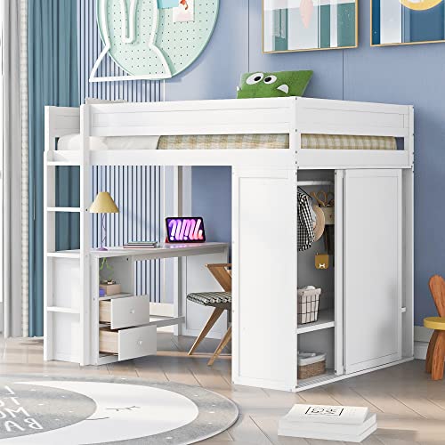 Full Size Loft Bed with Storage Wardrobe and Desk for Kids Teens Adults White K66587