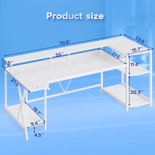 SEDETA Gaming Desk 70.8'' with LED Lights and Storage Shelves, Black Y2845