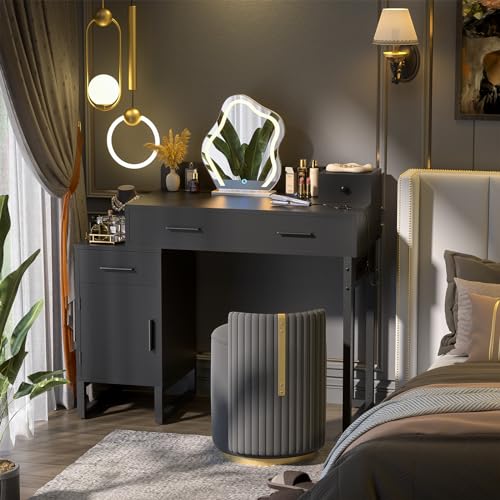 Black Vanity Desk with 4 Drawers and Charging Station O896