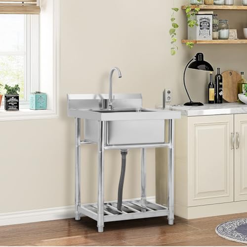 Stainless Steel Free Standing Utility Sink Single Bowl with Hot Cold Pipe R683