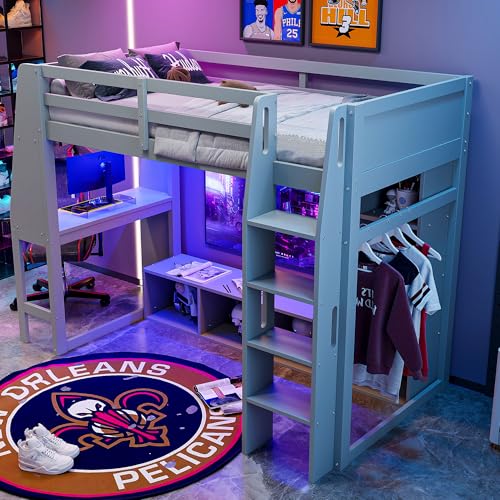 SOFTSEA Full Size Loft Bed with Desk, Storage and LED Lights, Solid Wood, Grey Q282