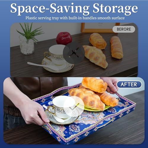 Gifturbo Blue Serving Tray with Handles, Rectangular Plastic Tray J15614