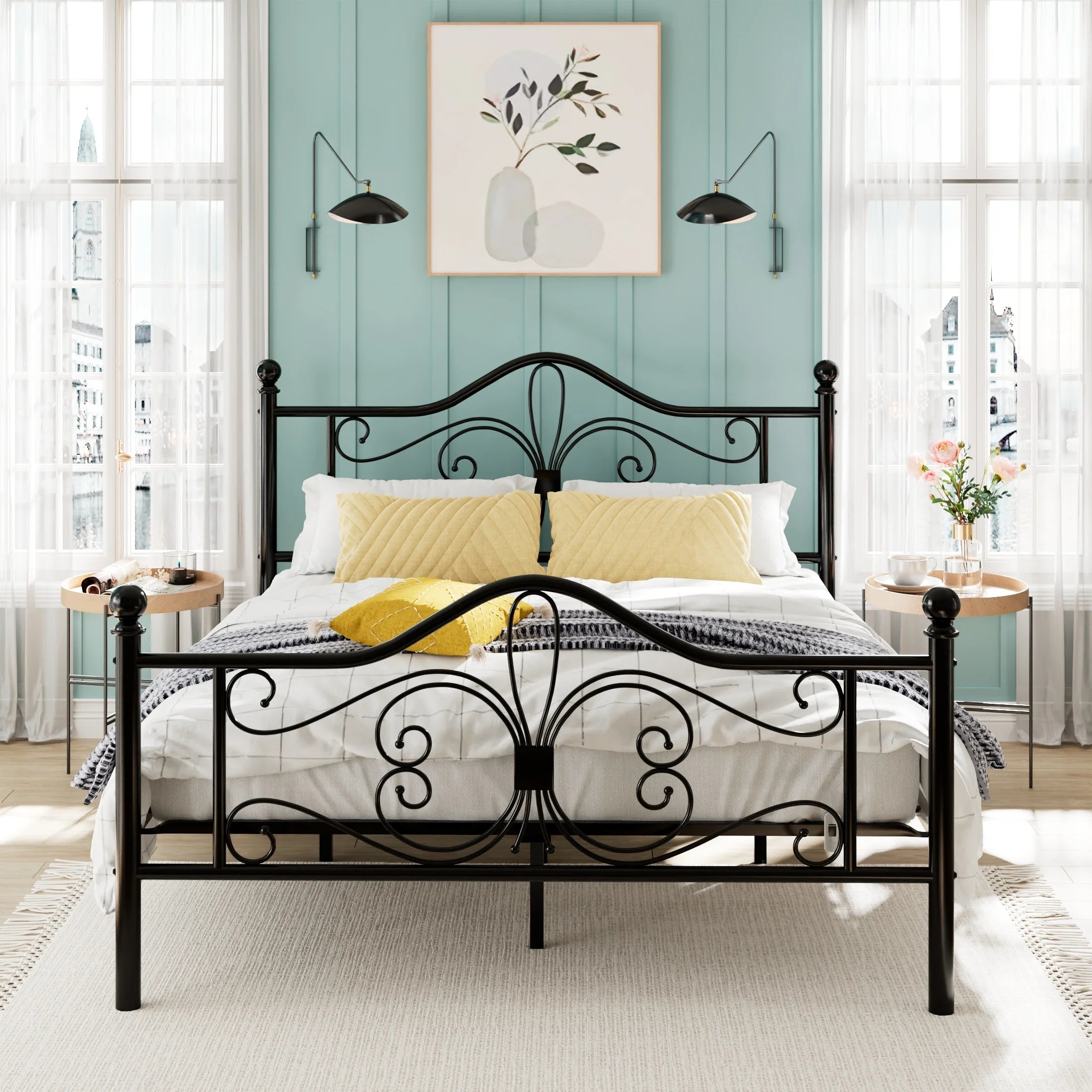 Amolife Queen Size Metal Platform Bed Frame with Vintage Butterfly Pattern Headboard, Black V7016