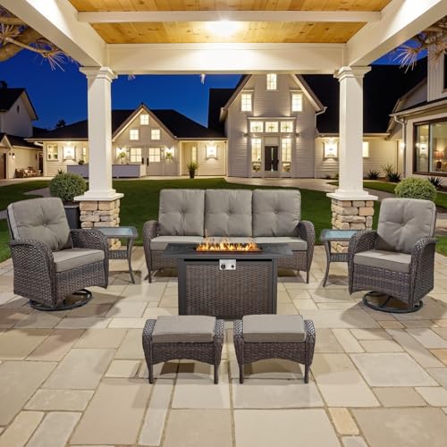 Outdoor Wicker Swivel Rocker Chairs Set of 2 with Rattan Side Table, Brown/Blue B592