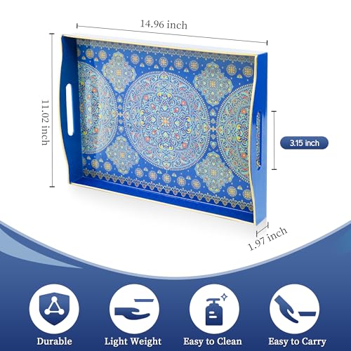 Gifturbo Blue Serving Tray with Handles, Rectangular Plastic Tray J15614