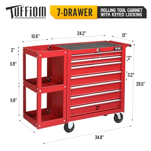 TUFFIOM 7-Drawer Rolling Tool Chest with Side Shelves and Lockable Wheels L105