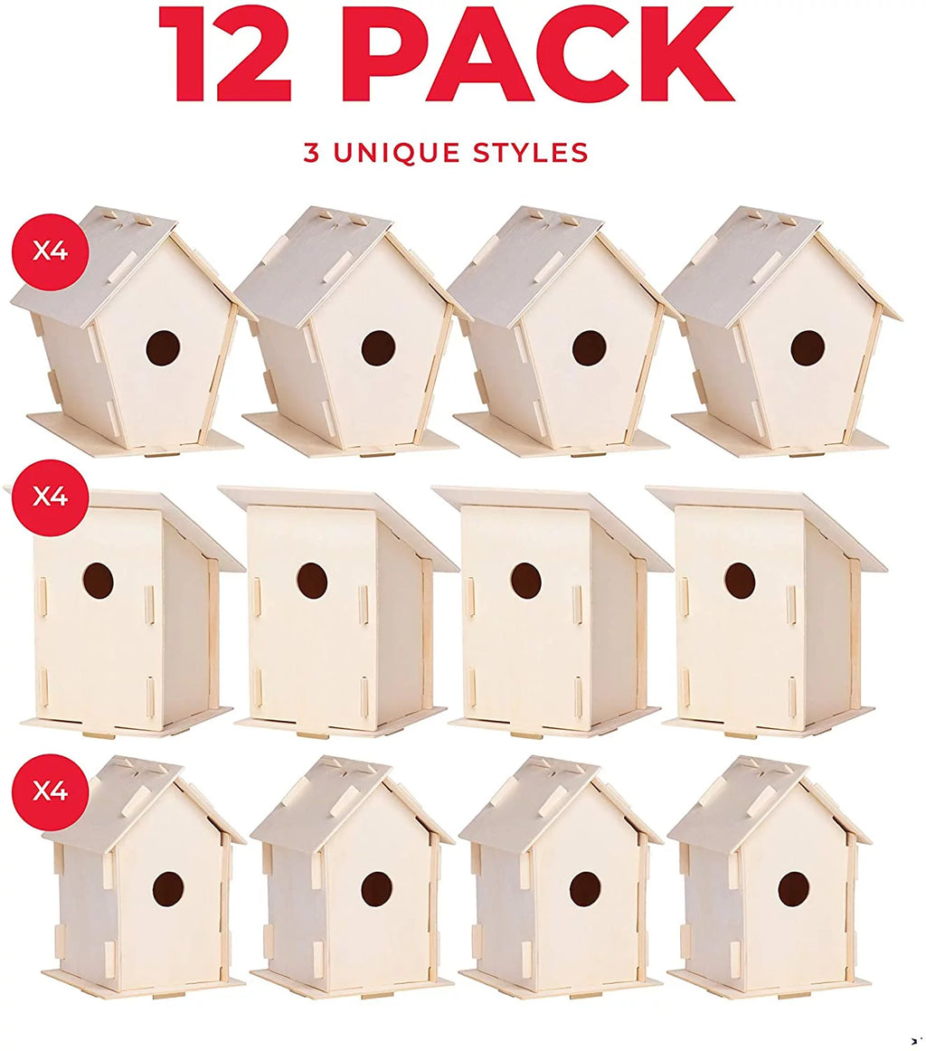 12 Wooden Birdhouse Crafts for Kids - DIY Unfinished Kits with Paint & Brushes I21811