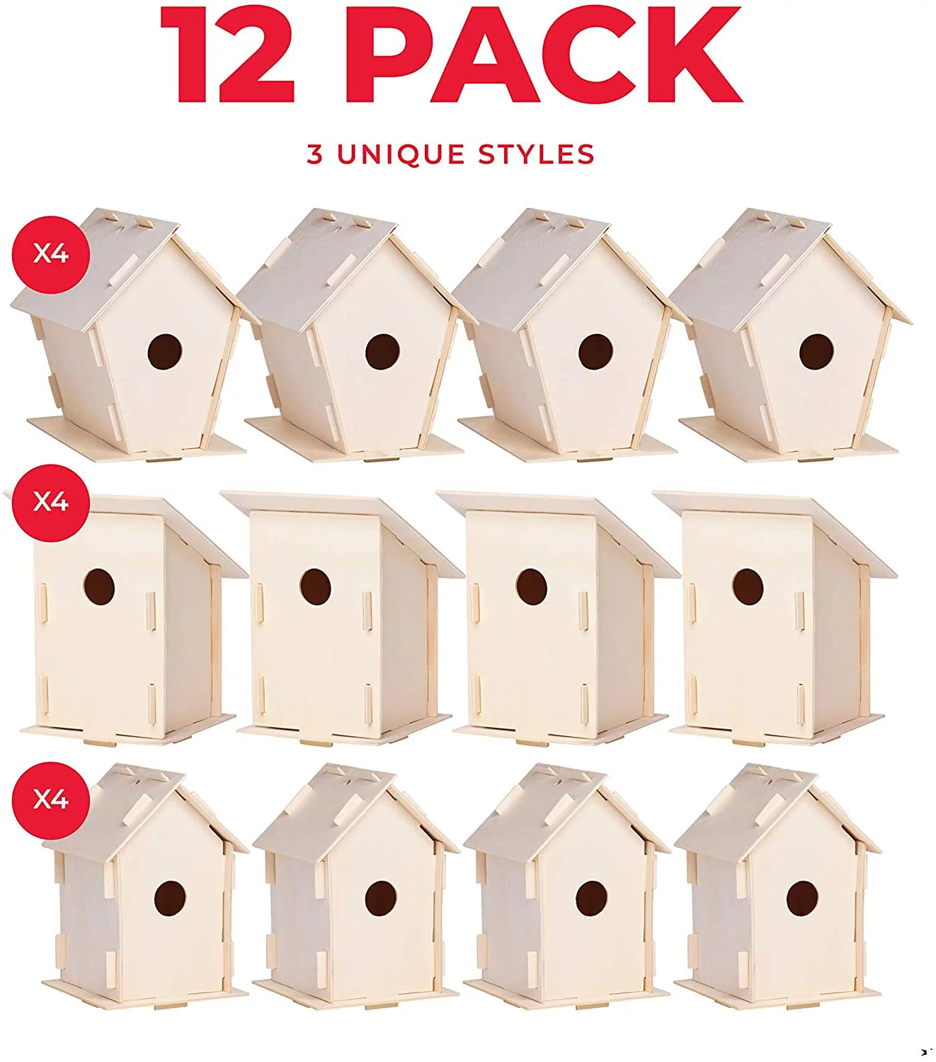 12 Wooden Birdhouse Crafts for Kids - DIY Unfinished Kits with Paint & Brushes I21811