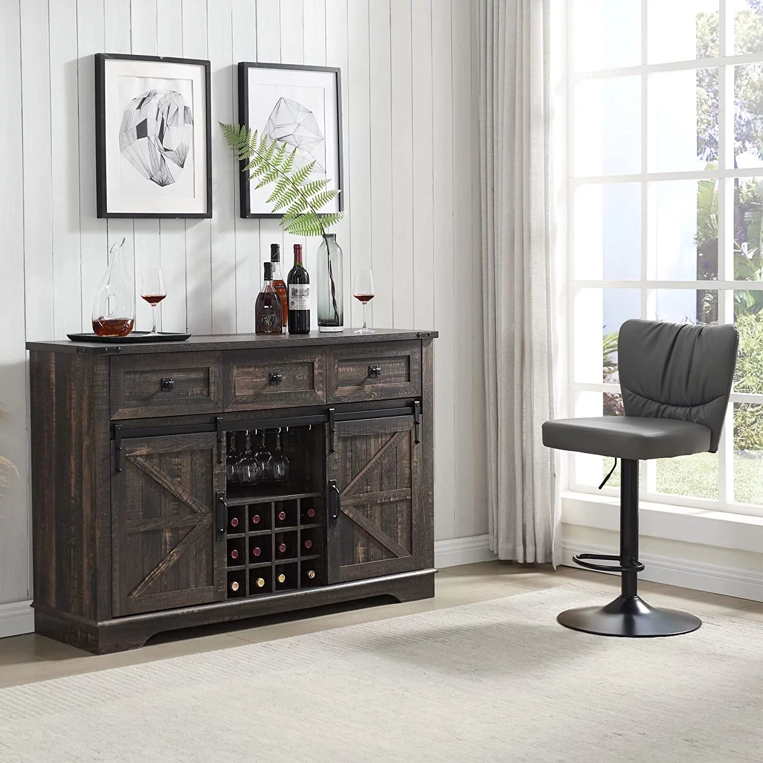 OKD Farmhouse Coffee Bar Cabinet Sideboard Buffet with Wine and Glass Rack, Drawers, Storage Shelves for Dining Room, Living Room, Wood Furniture(Dark Rustic Oak)