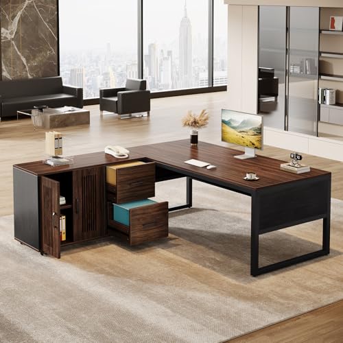 Tribesigns 63-Inch L-Shaped Executive Desk with Mobile File Cabinet, Dark Walnut & Black Z695