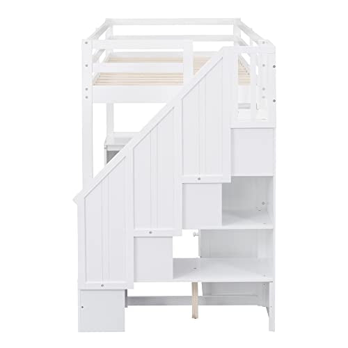 Harper & Bright Designs Twin Size Loft Bed with L-Shaped Desk and Stairs, Solid Wood, White D768