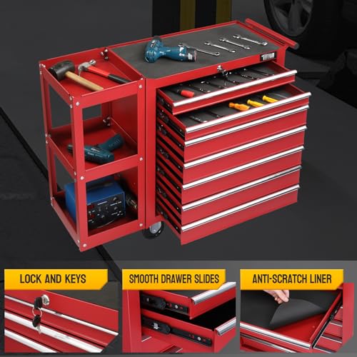 TUFFIOM 7-Drawer Rolling Tool Chest with Side Shelves and Lockable Wheels L105
