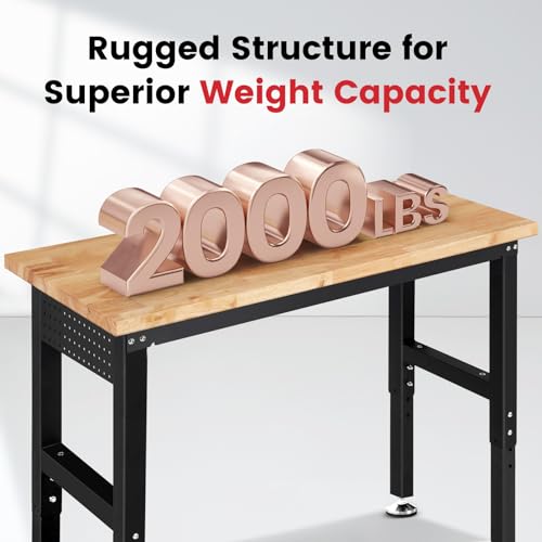 48 Inch Adjustable Height Workbench with Rubberwood Tabletop and Power Outlets X1723