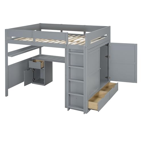 Harper & Bright Designs Twin Size Loft Bed with L-Shaped Desk and Stairs, Solid Wood, White D768