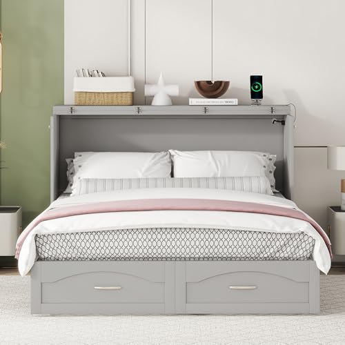 Convertible Murphy Bed 2-in-1 Solid Wood Wall Bed with Drawer & USB Ports, Queen, Grey W146
