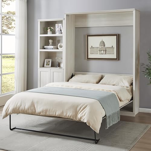 Queen Size Murphy Bed with Side Cabinet Storage Shelf, Rustic White X5267