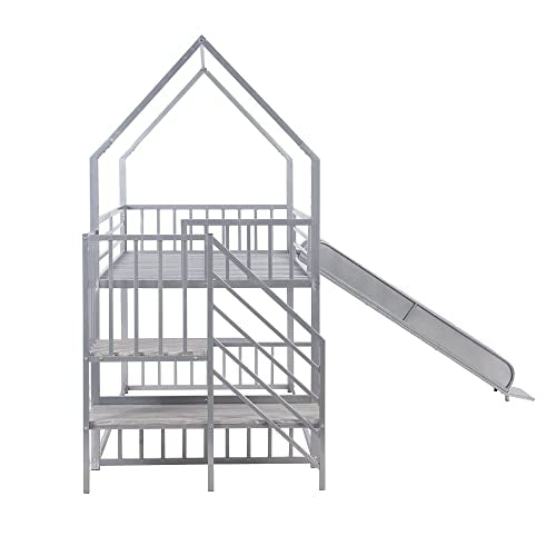 Twin Over Twin Metal Bunk Bed with Slide and Storage Stairs, Black P81241