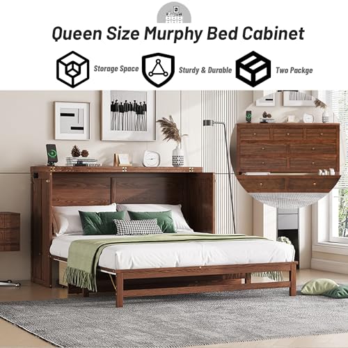 Queen Murphy Bed Cabinet with Storage Drawer and Charging Station, Solid Pine, White A401