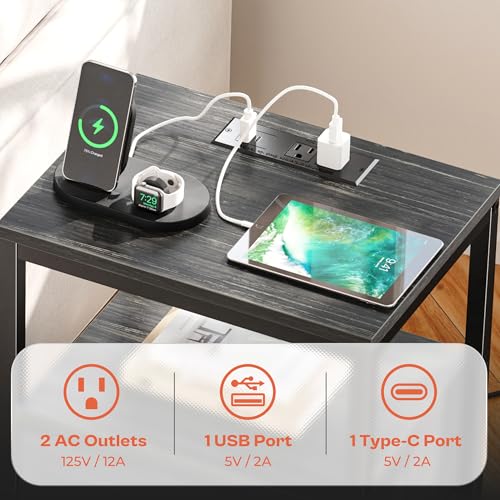SUPERJARE Nightstand with Charging Station, Fabric Drawer, 3-Tier Storage, Walnut K366263
