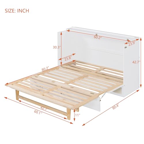 Ball & Cast Queen Size Solid Pine Murphy Bed with Charging Station, White + Walnut P2075