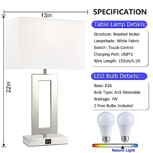 22" Touch Control Table Lamps with USB Ports, Dimmable, Gold & White V1178