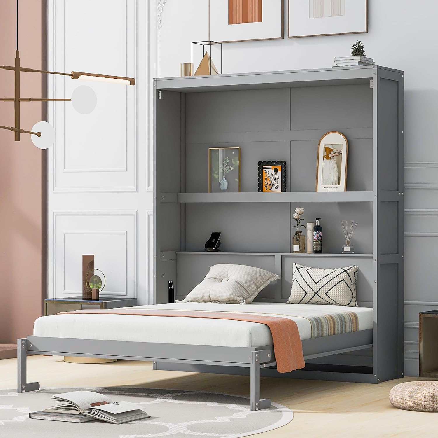 Queen Size Murphy Bed with Shelves, Easy Fold Wood Wall Bed, Space-Saving Murphy Bed Cabinet Queen for Guest Room Home Office,Grey