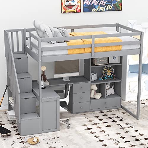 Harper & Bright Designs Twin Size Loft Bed with L-Shaped Desk and Stairs, Solid Wood, White D768