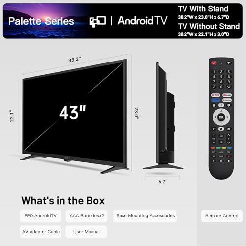 FPD 43 Inch Smart TV Flat Screen Frame LED Television Full HD 1080p Google Cast Built in, Streaming Live Ultra Thin HDR10 Android TV, Bluetooth, Vesa, Hdmi, WiFi (Palette-Series 2025) Y940