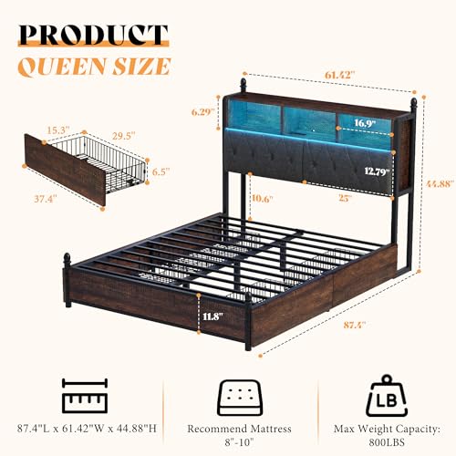 AMERLIFE Full Size Bed Frame with Bookcase Headboard, Charging Station, Rustic Brown H544