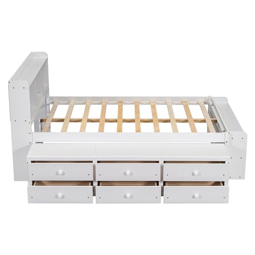 SOFTSEA Full Size Platform Bed with Storage Drawers and Bookcase Headboard, White V613109