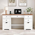 Antique Cream 59" Executive Farmhouse Computer Desk with 7 Drawers and Charging Station R75936