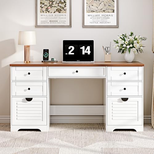 Antique Cream 59" Executive Farmhouse Computer Desk with 7 Drawers and Charging Station R75936